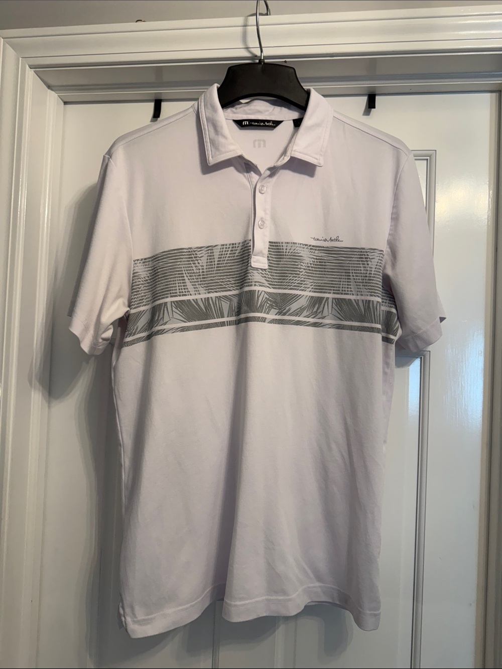 Travis Mathew Men's White Polo Shirt with Gray Palm Stripe size large